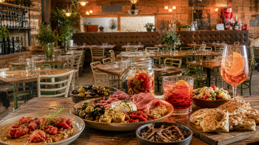 Italian antipasto and aperitivo spread with spritz, Negroni, olives, cured meats, burrata, pickled vegetables and focaccia inside Henry and the Fox.